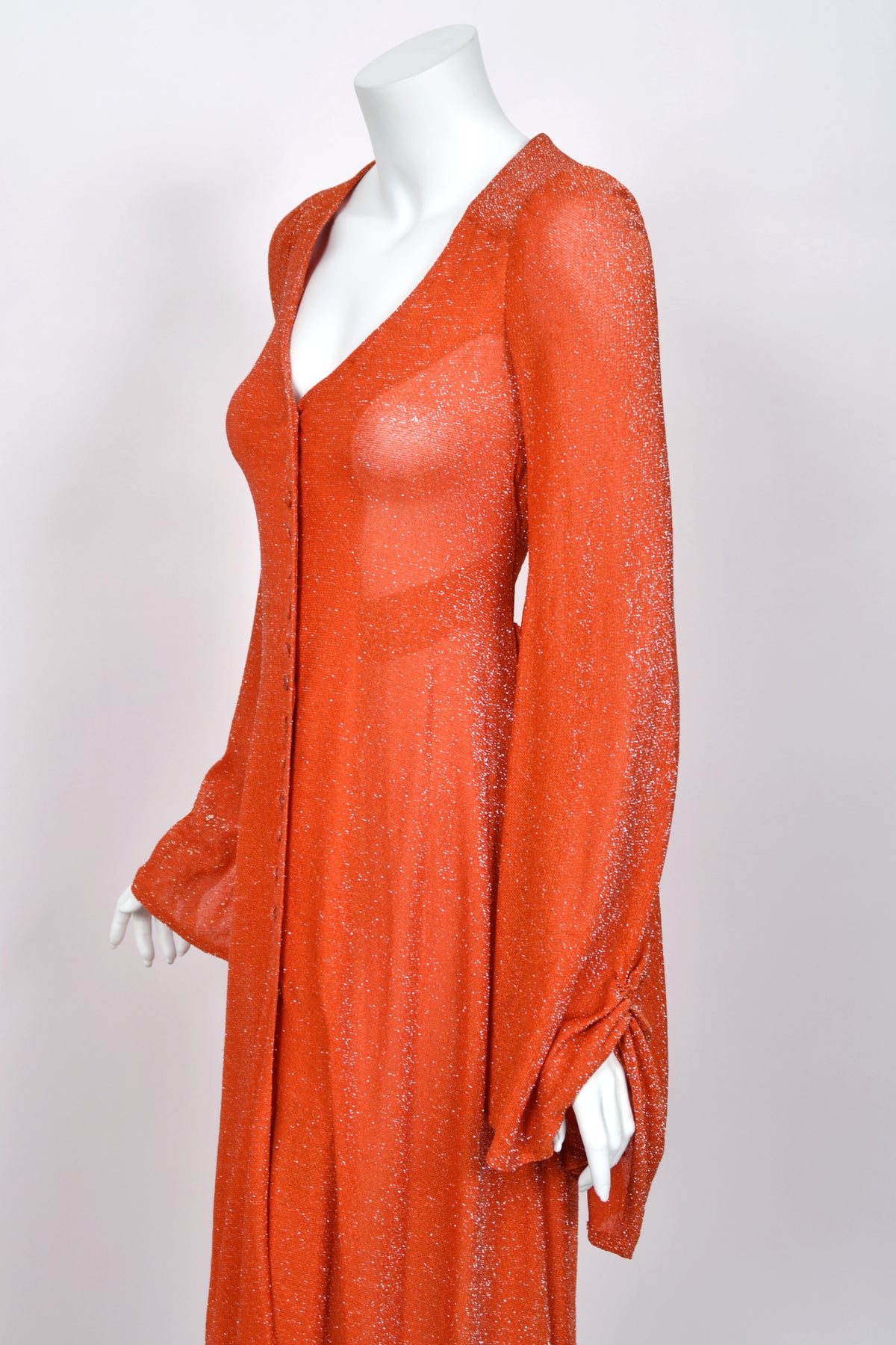 1974 Biba by Barbara Hulanicki Metallic Orange Lurex Angel-Sleeve High Slit Maxi Dress