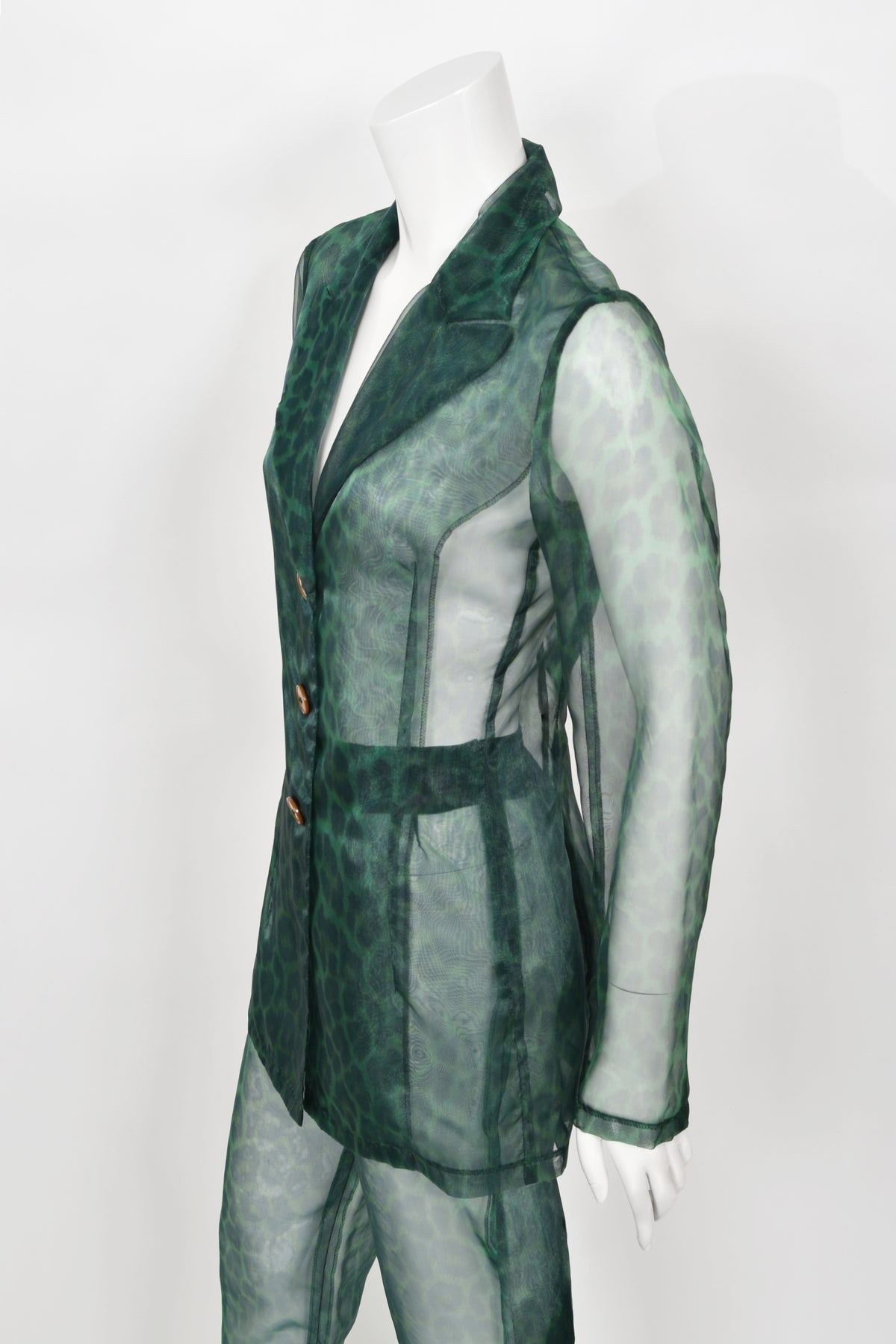 1997 Rifat Ozbek Sheer Green Leopard Print Blazer &amp; Trousers Pantsuit