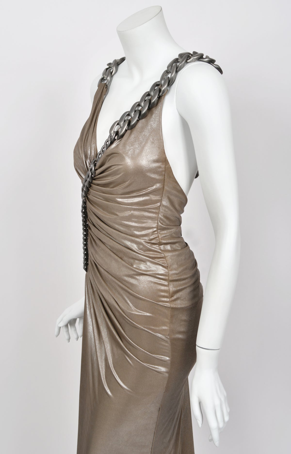 2007 Versace Smokey Metallic Stretch Silk Chain Straps Hourglass Gown