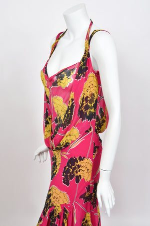 2005 John Galliano 'Renee Collection' Shocking Pink Large Scale Floral Silk Bias-Cut Trained Gown