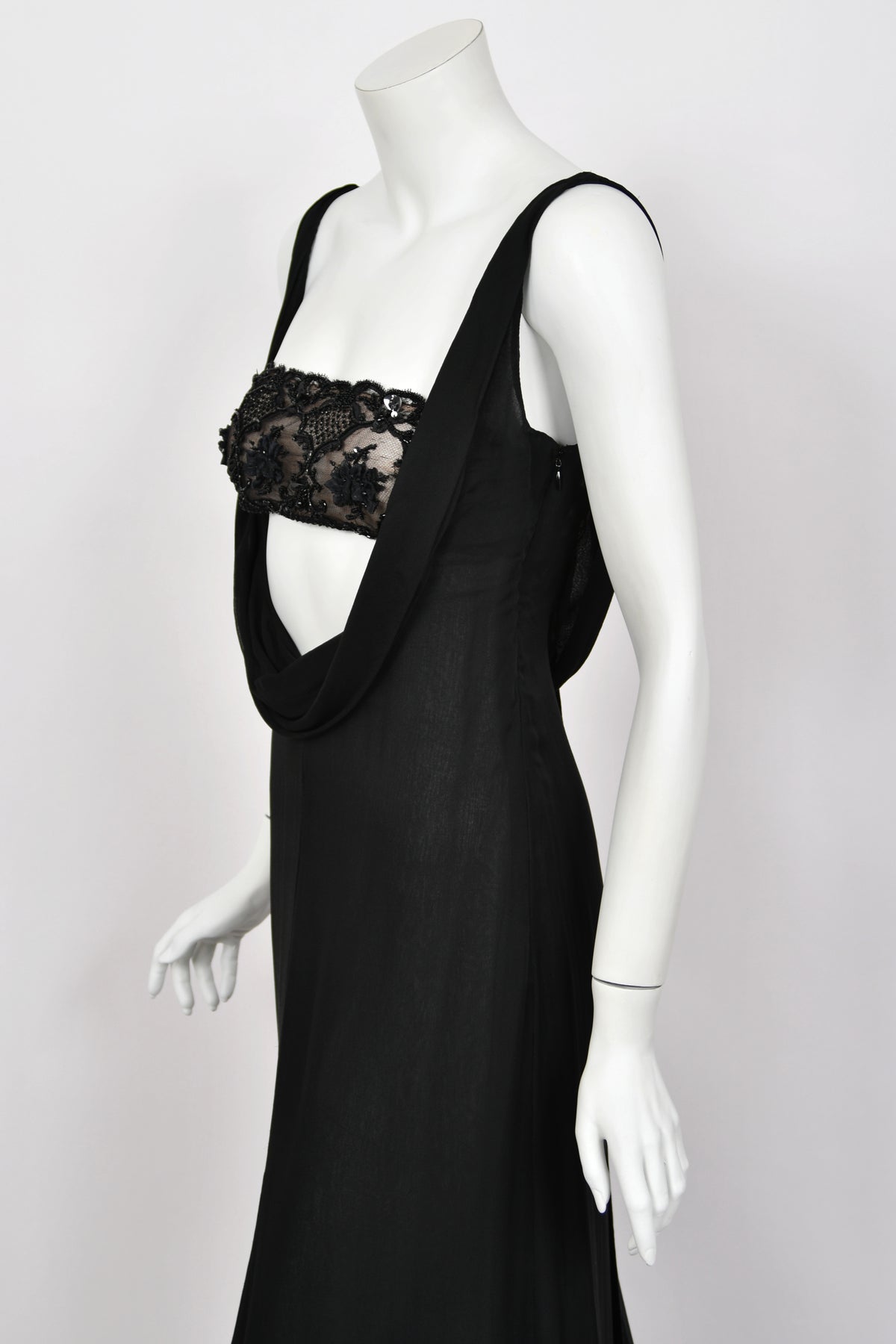 2004 Valentino Runway Beaded Bralette Draped Sheer Silk Cut-Out Gown