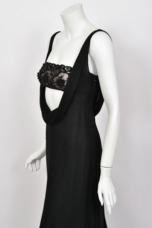 2004 Valentino Runway Beaded Bralette Draped Sheer Silk Cut-Out Gown