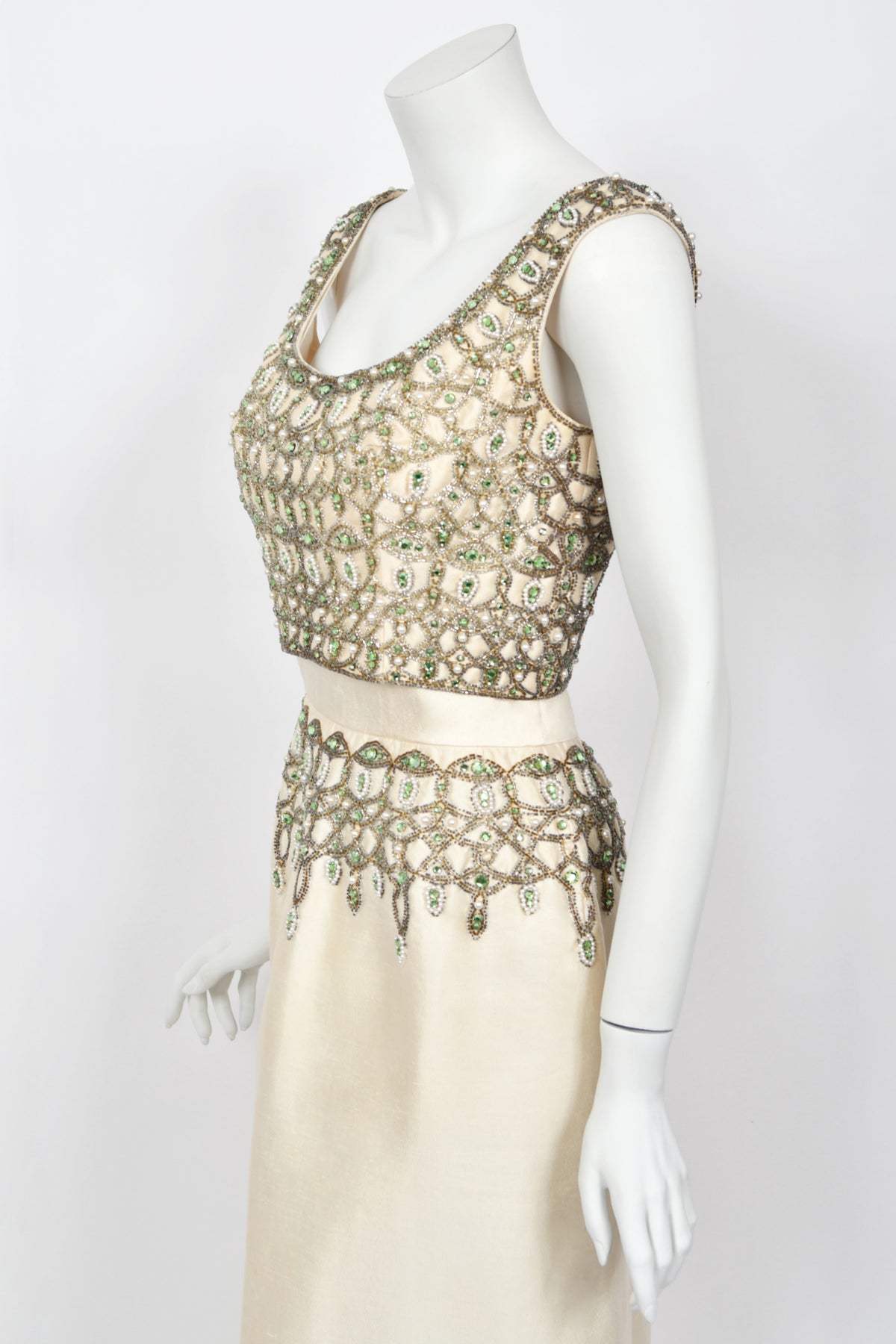 1960&#39;s British Crown Colony Beaded Rhinestone Ivory Silk Crop Top Column Gown