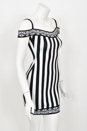 1992 Azzedine Alaia Runway Striped Stretch Knit Cold-Shoulder Bodycon Mini Dress