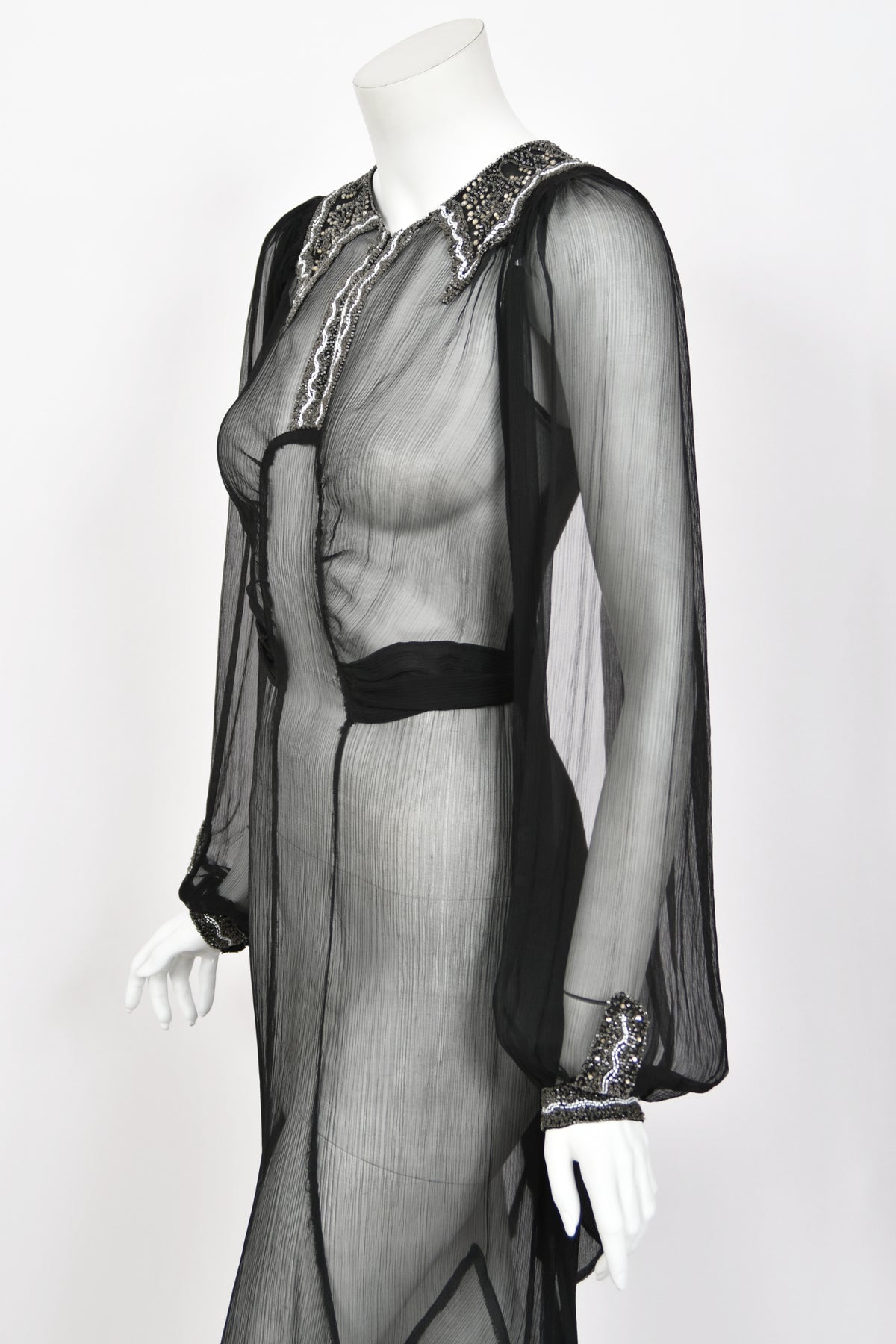 1930&#39;s Beaded Rhinestone Black Sheer Silk Chiffon Billow-Sleeve Deco Dress