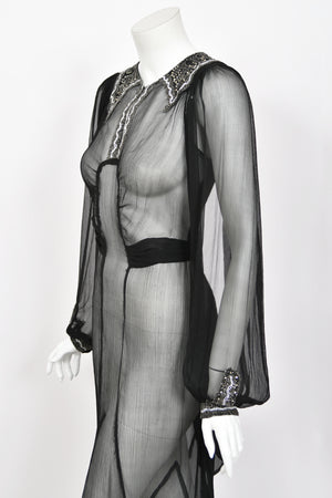 1930's Beaded Rhinestone Black Sheer Silk Chiffon Billow-Sleeve Deco Dress