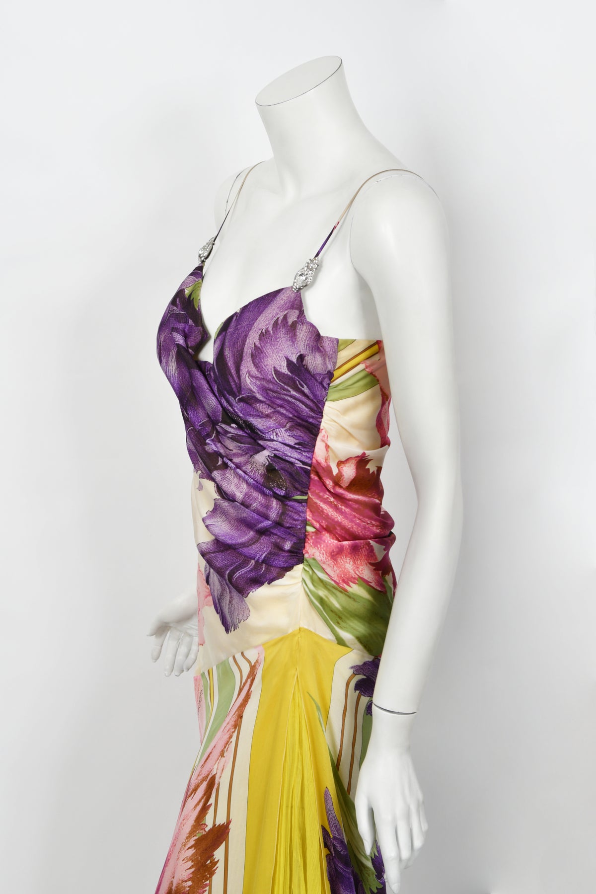 2005 Roberto Cavalli Large-Scale Floral Silk Bustier High-Slit Gown &amp; Shawl