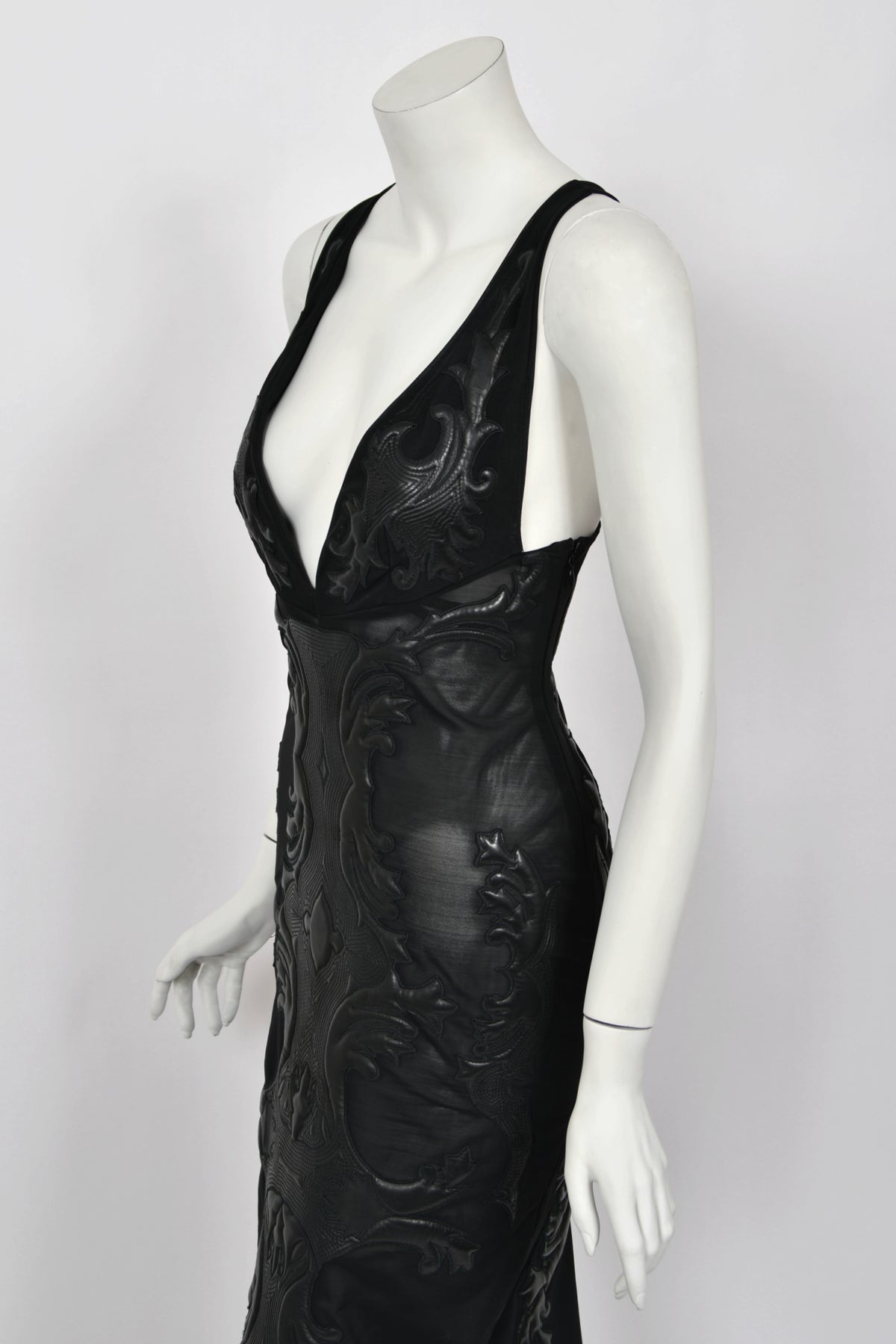 2002 Roberto Cavalli Black Leather Appliqué Sheer Mesh Low-Cut Hourglass Gown