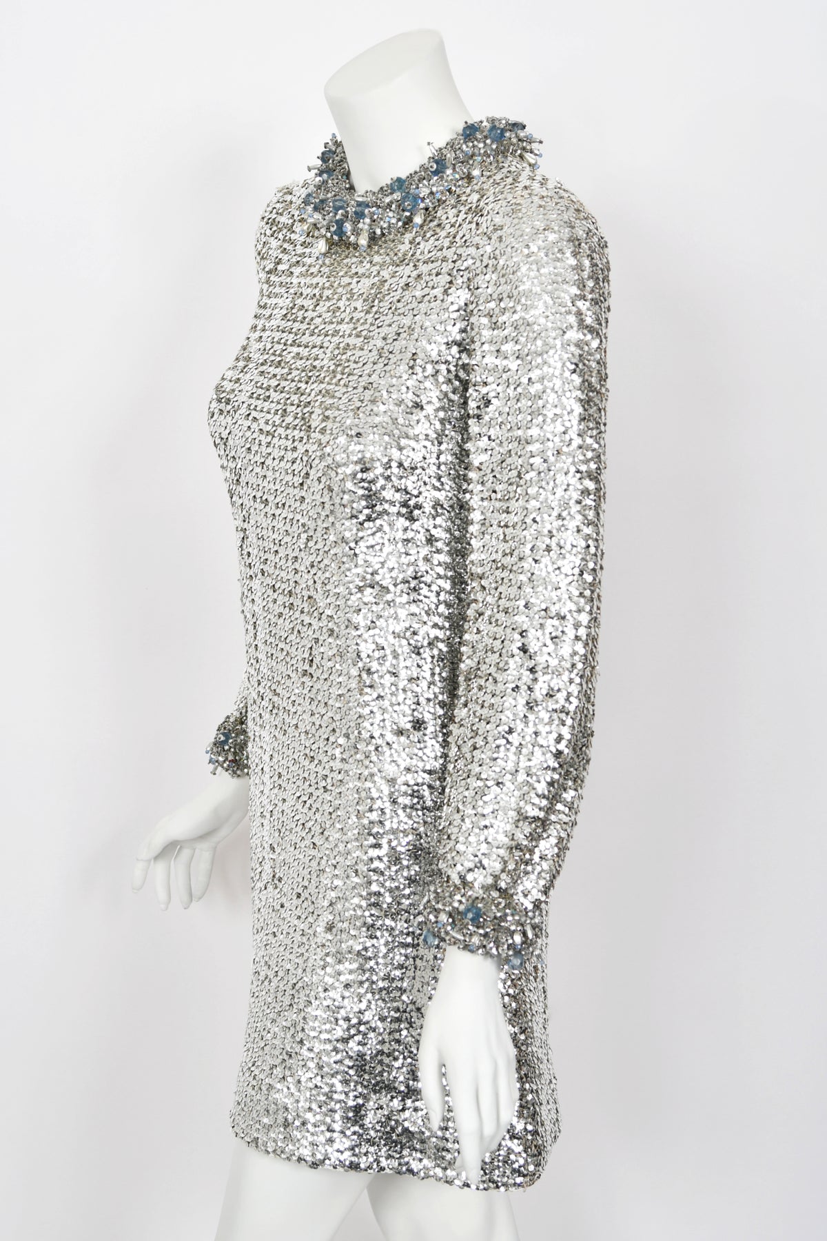 1966 Pierre Cardin Paris Metallic Silver Beaded Sequin Space-Age Mod Mini Dress