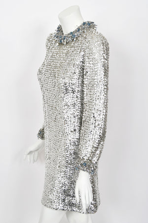 1966 Pierre Cardin Paris Metallic Silver Beaded Sequin Space-Age Mod Mini Dress