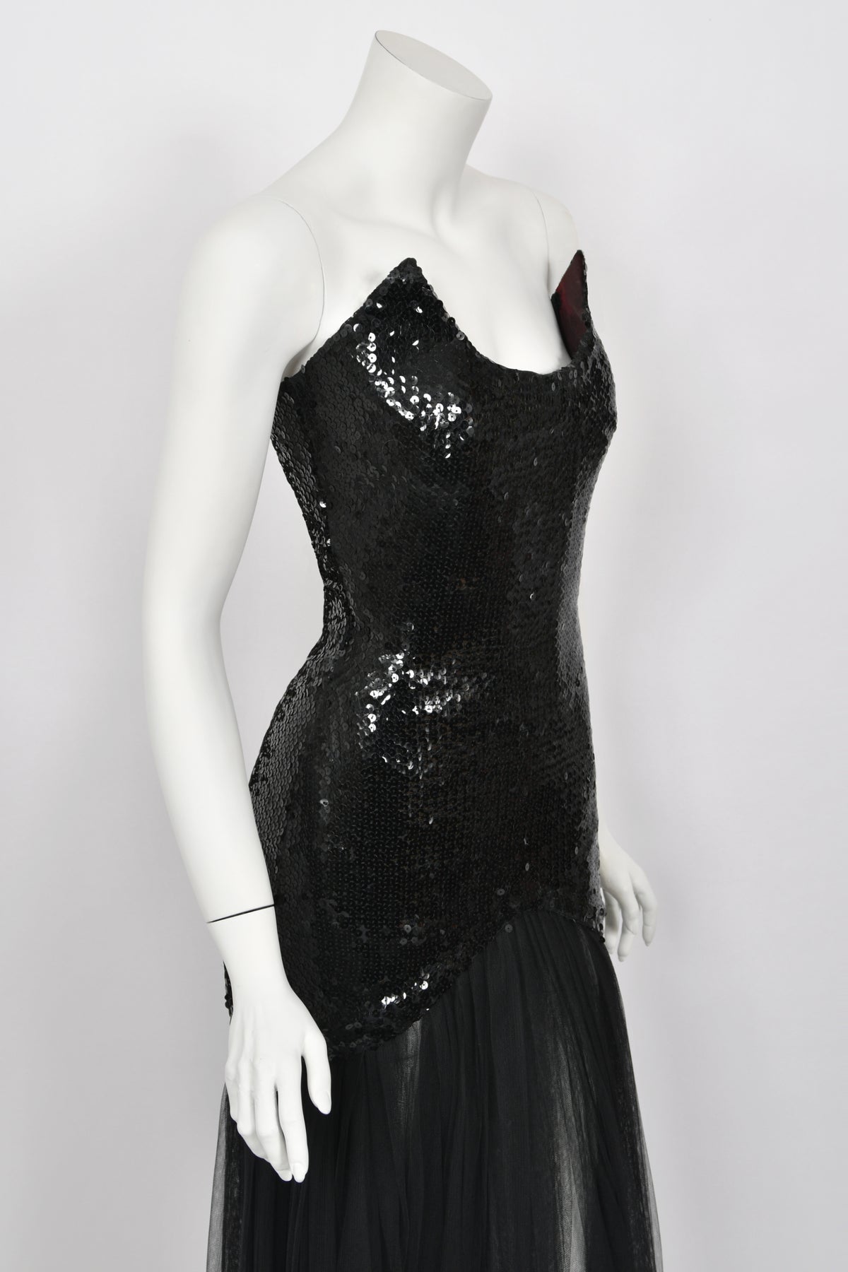 1986 Thierry Mugler &#39;Hiver Russe&#39; Collection Black Sequin Bustier Sheer Gown