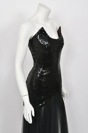 1986 Thierry Mugler 'Hiver Russe' Collection Black Sequin Bustier Sheer Gown