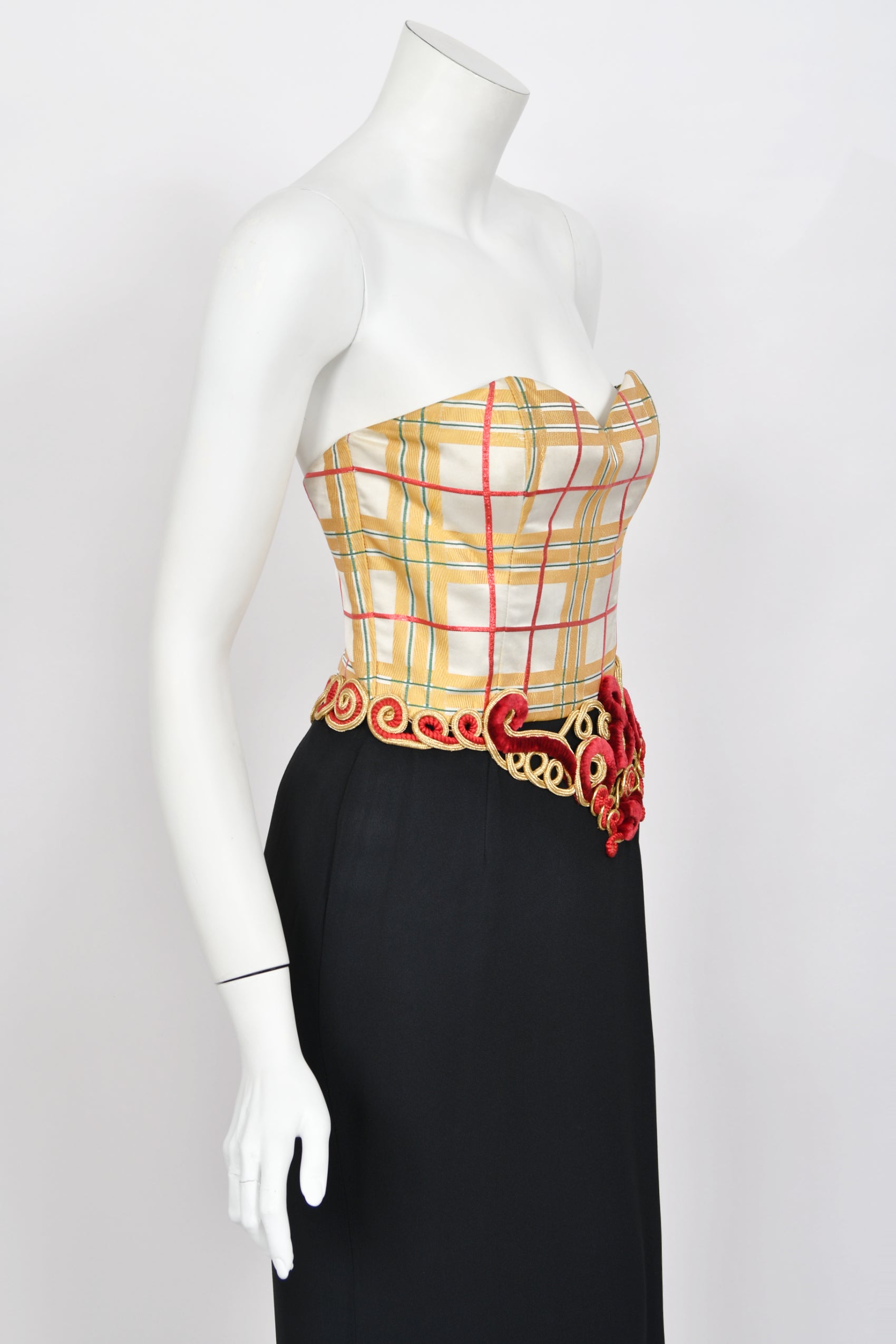 1995 Christian Dior by Ferré Plaid Silk Metallic-Corded Strapless Gown
