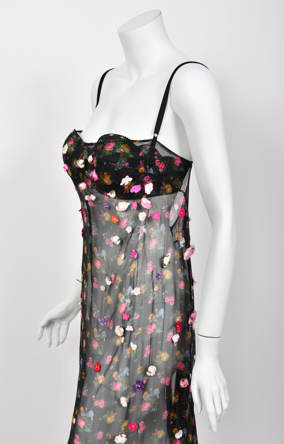 1999 Dolce &amp; Gabbana Sheer Appliqué Floral Silk Built-In Bra Slip Dress