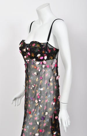 1999 Dolce & Gabbana Sheer Appliqué Floral Silk Built-In Bra Slip Dress