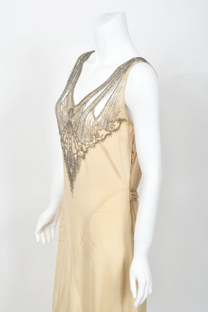 1930's French Ivory Creme Silk Beaded Sheer Illusion Deco Bias-Cut Bridal Gown