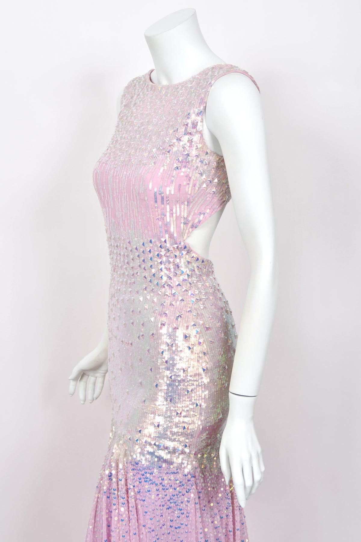 2012 Blumarine Runway Iridescent Lilac Pink Fully Sequin Cut-Out Hourglass Mermaid Gown