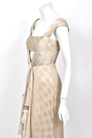 2008 Valentino Runway Polka-Dot Champagne & Silver Silk Ruched Cut-Out Gown
