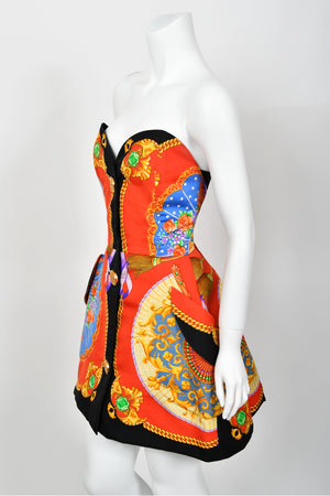 1991 Gianni Versace Documented Runway Baroque Print Silk Strapless Mini Dress