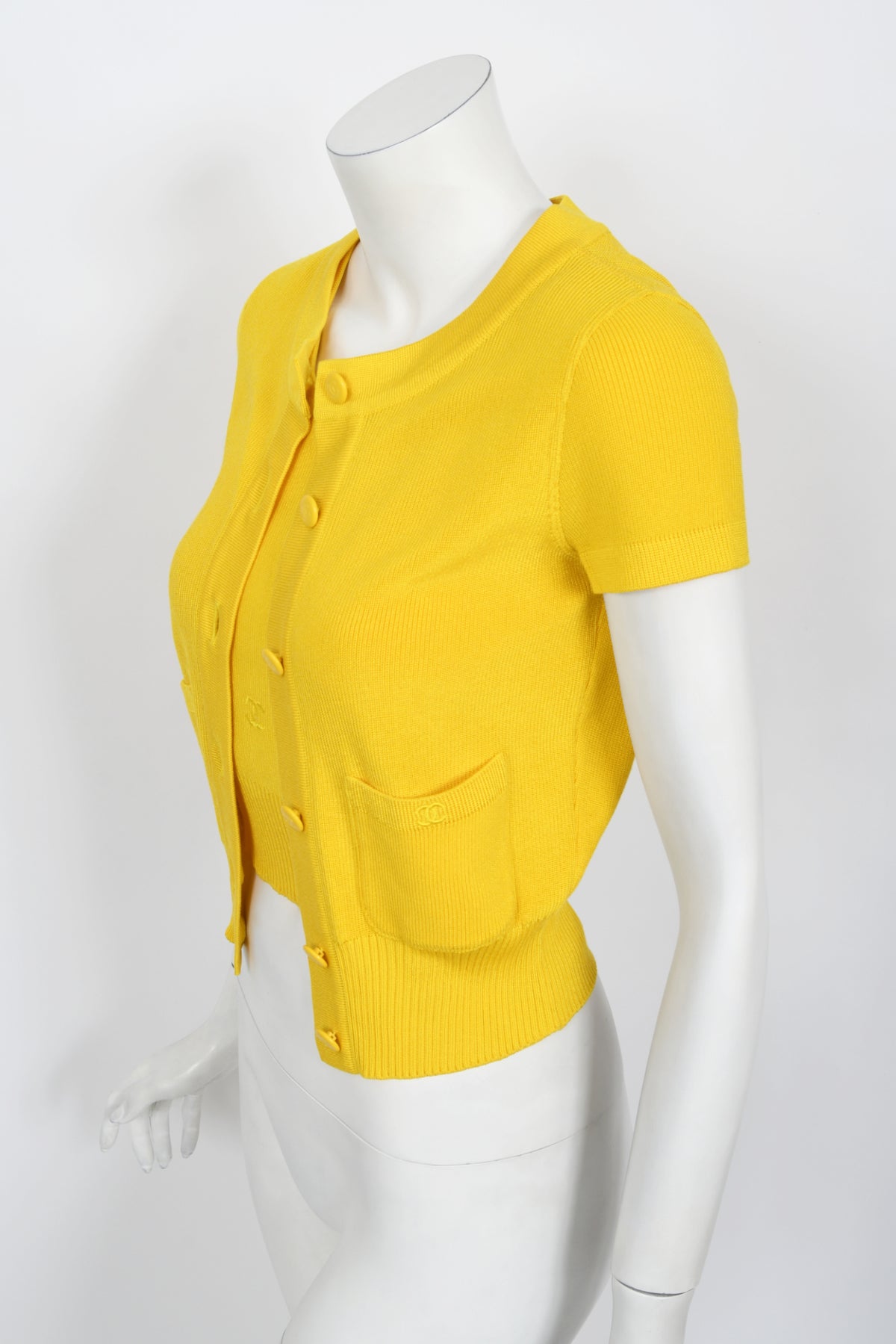 1996 Chanel by Karl Lagerfeld Runway Yellow Knit Cropped Sweater Set