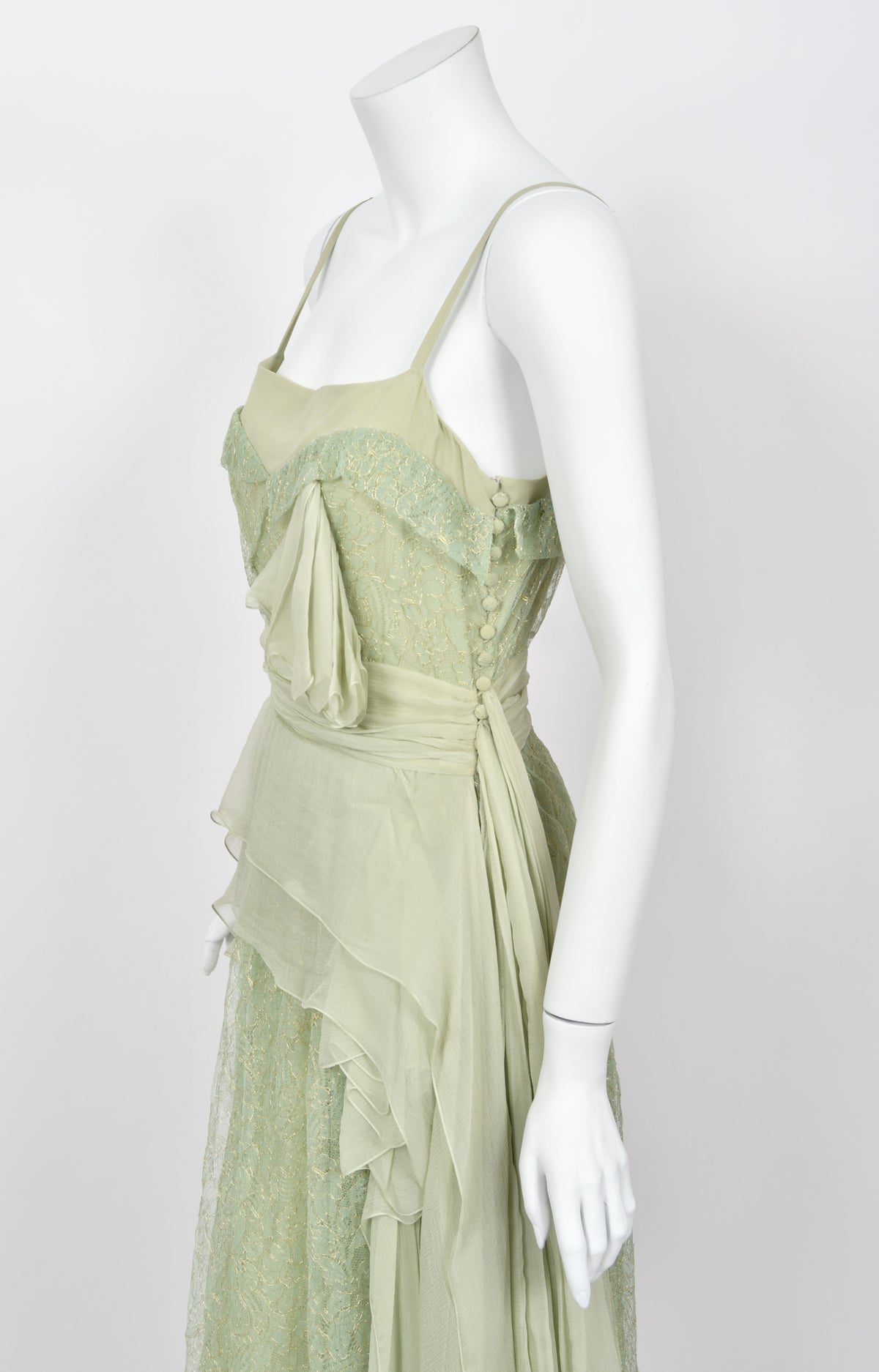 2007 John Galliano Metallic Mint-Green Lace &amp; Sheer Silk Tiered Ethereal Gown w/Tags