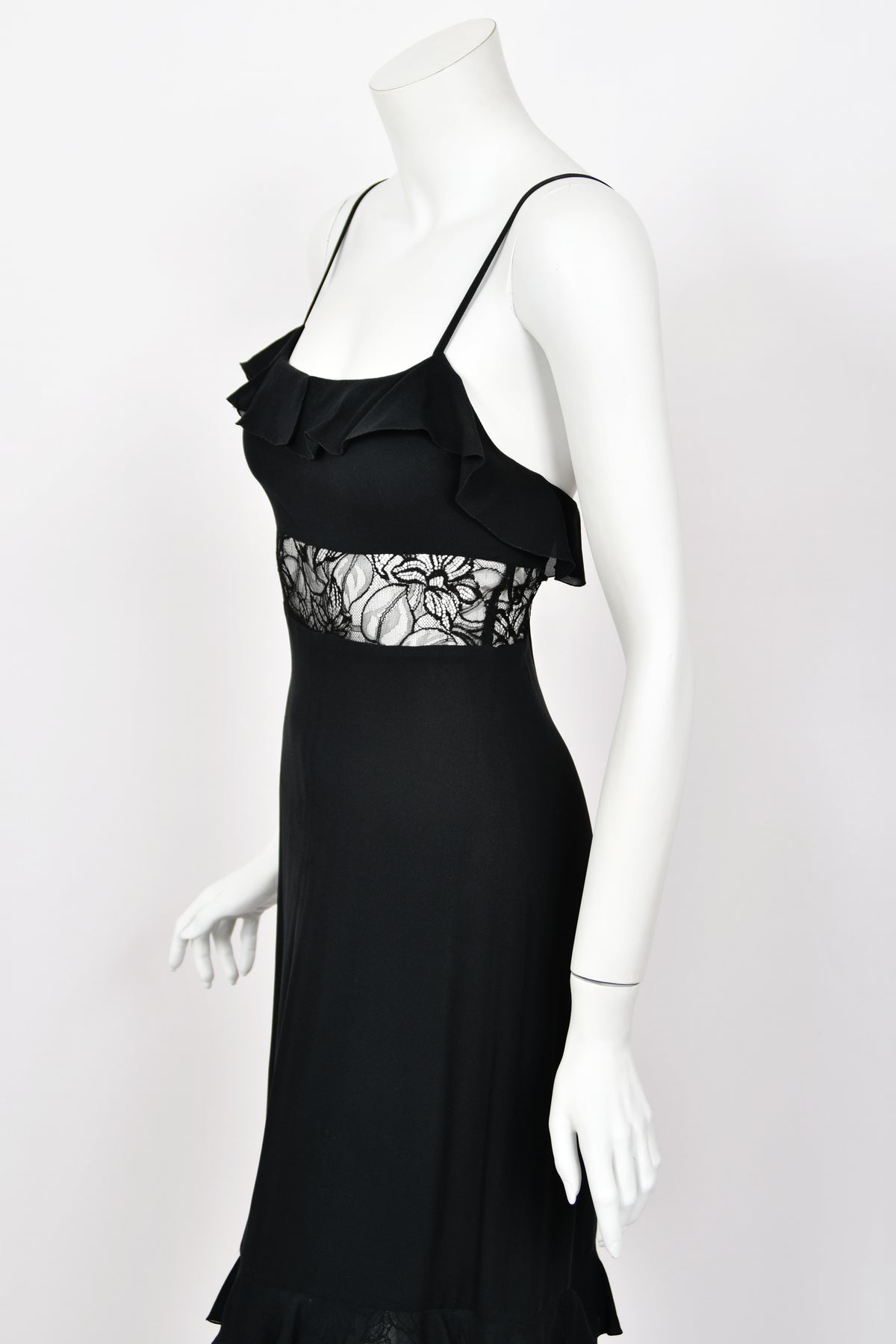 1994 Chanel by Karl Lagerfeld Cruise Collection Sheer Black Lace Ruffle-Trim Lingerie Gown