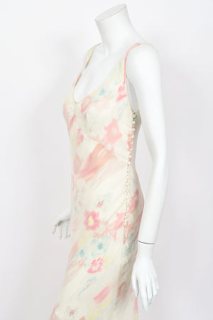 2008 John Galliano 'Grey Gardens' Collection Floral Silk High Low Bias-Cut Gown
