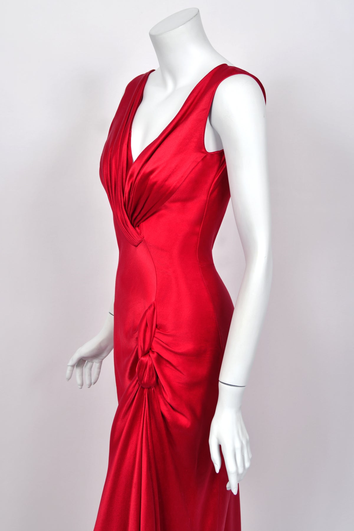 2003 Christian Dior by John Galliano Ruby Red Silk Low Cut Draped High Slit Bias-Cut Dress
