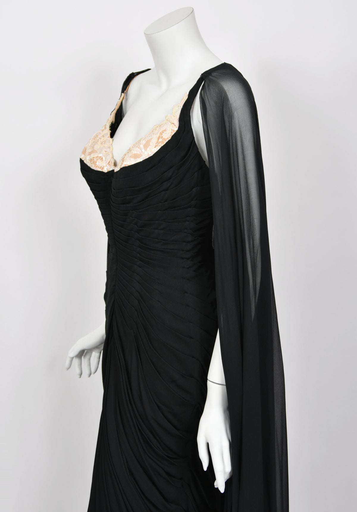 1964 Yma Sumac Documented Custom Couture Ruched Black Silk Hourglass Gown w/ Cape
