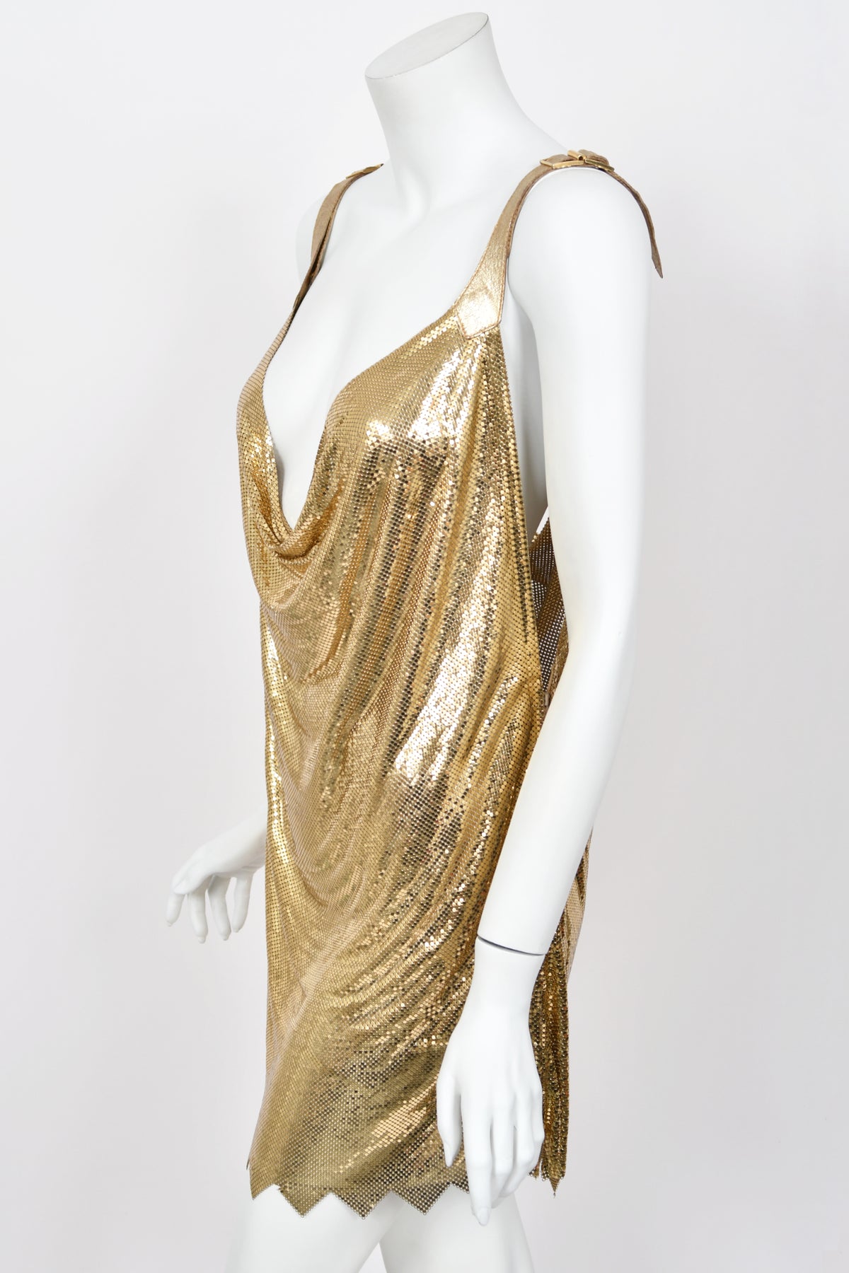 1994 Gianni Versace Iconic Gold Metal-Mesh Chainmail &amp; Leather Draped Mini Dress