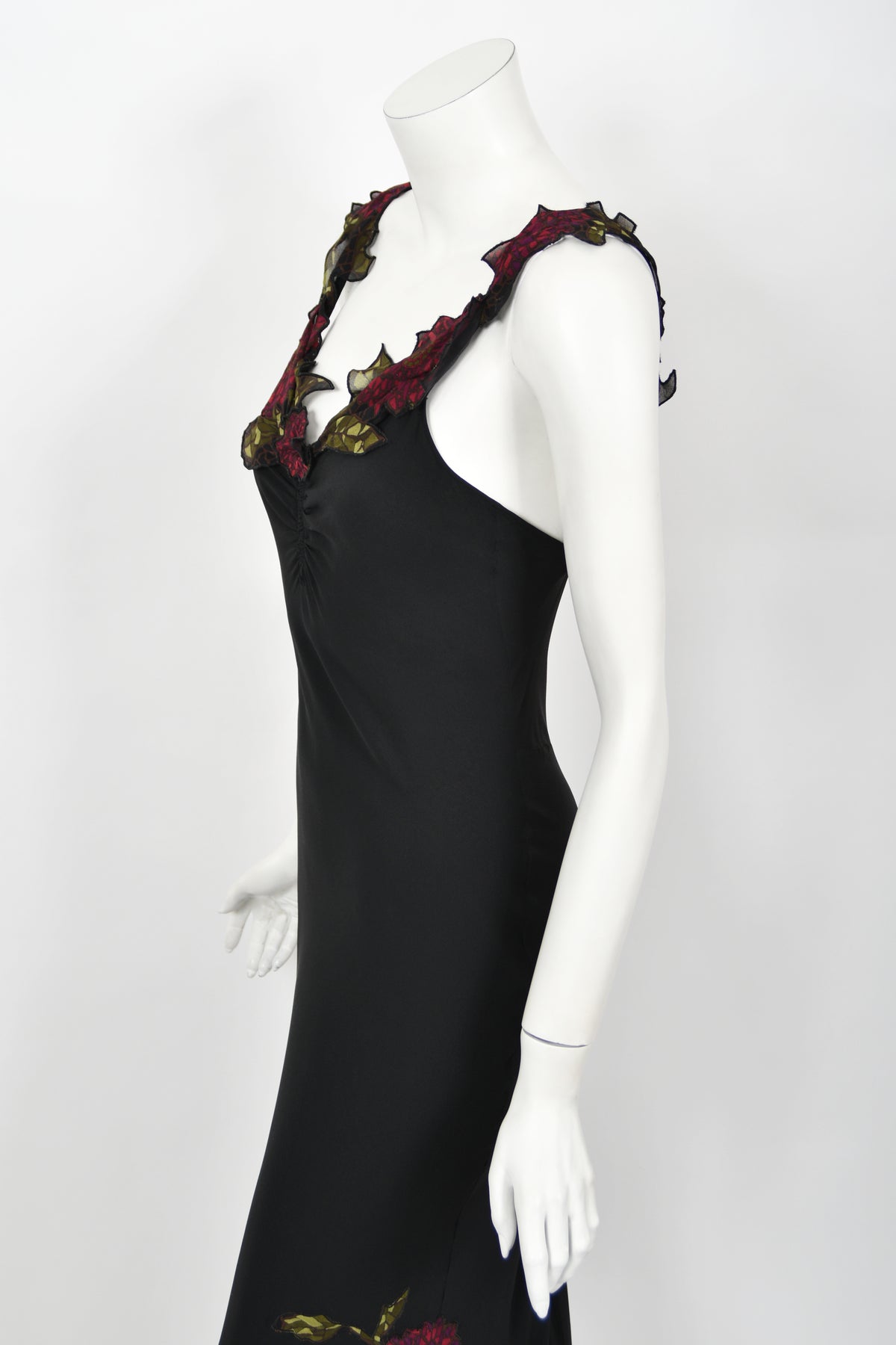 2001 John Galliano Red Chrysanthemum Floral Appliqué Black Silk Chiffon Bias-Cut Gown