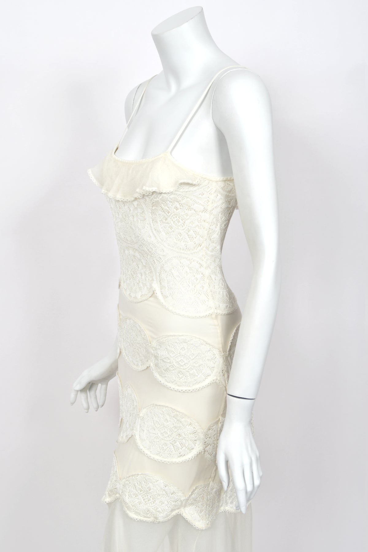 2005 Christian Dior by John Galliano Ivory Knit Appliqué Sheer Silk Fitted Slip Dress