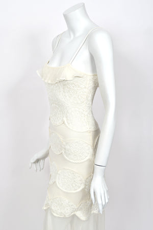 2005 Christian Dior by John Galliano Ivory Knit Appliqué Sheer Silk Fitted Slip Dress