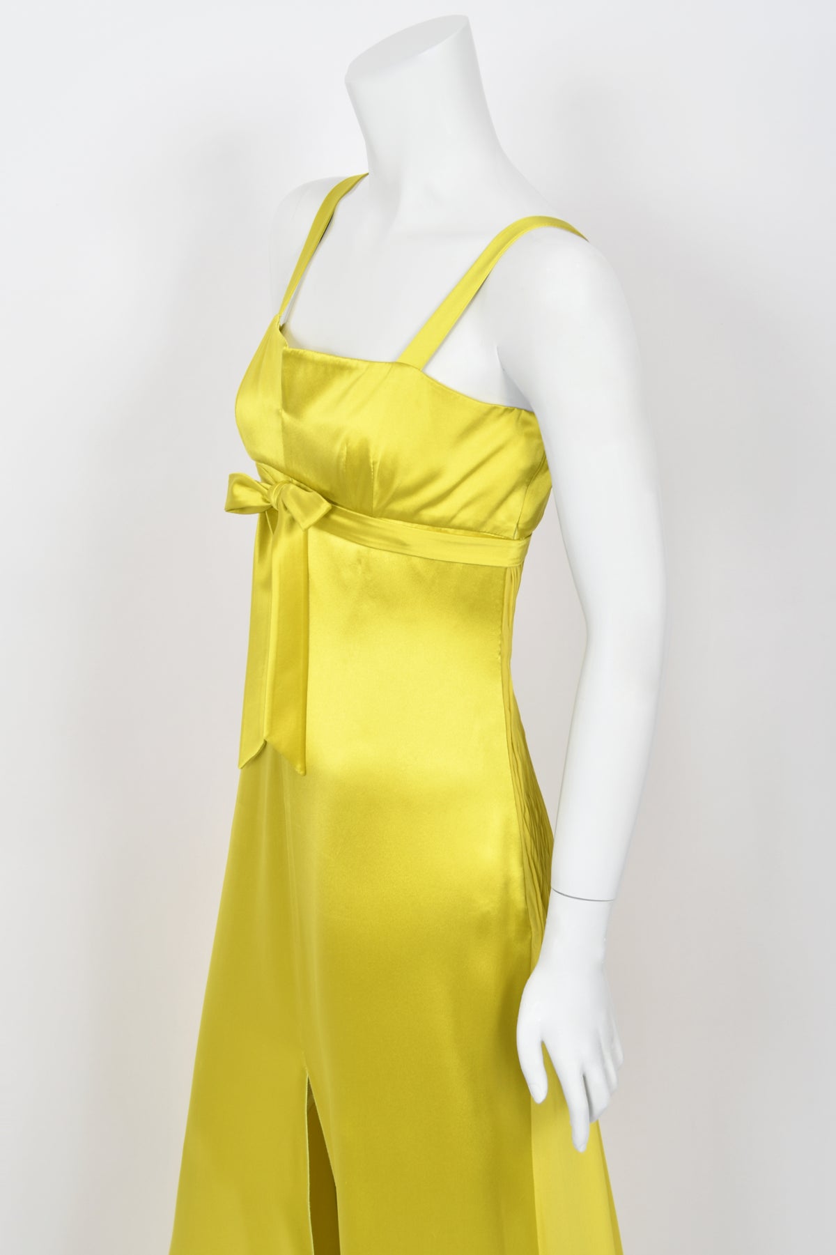 2005 Valentino Runway Chartreuse Yellow Silk Shelf-Bust Bustier High Slit Gown