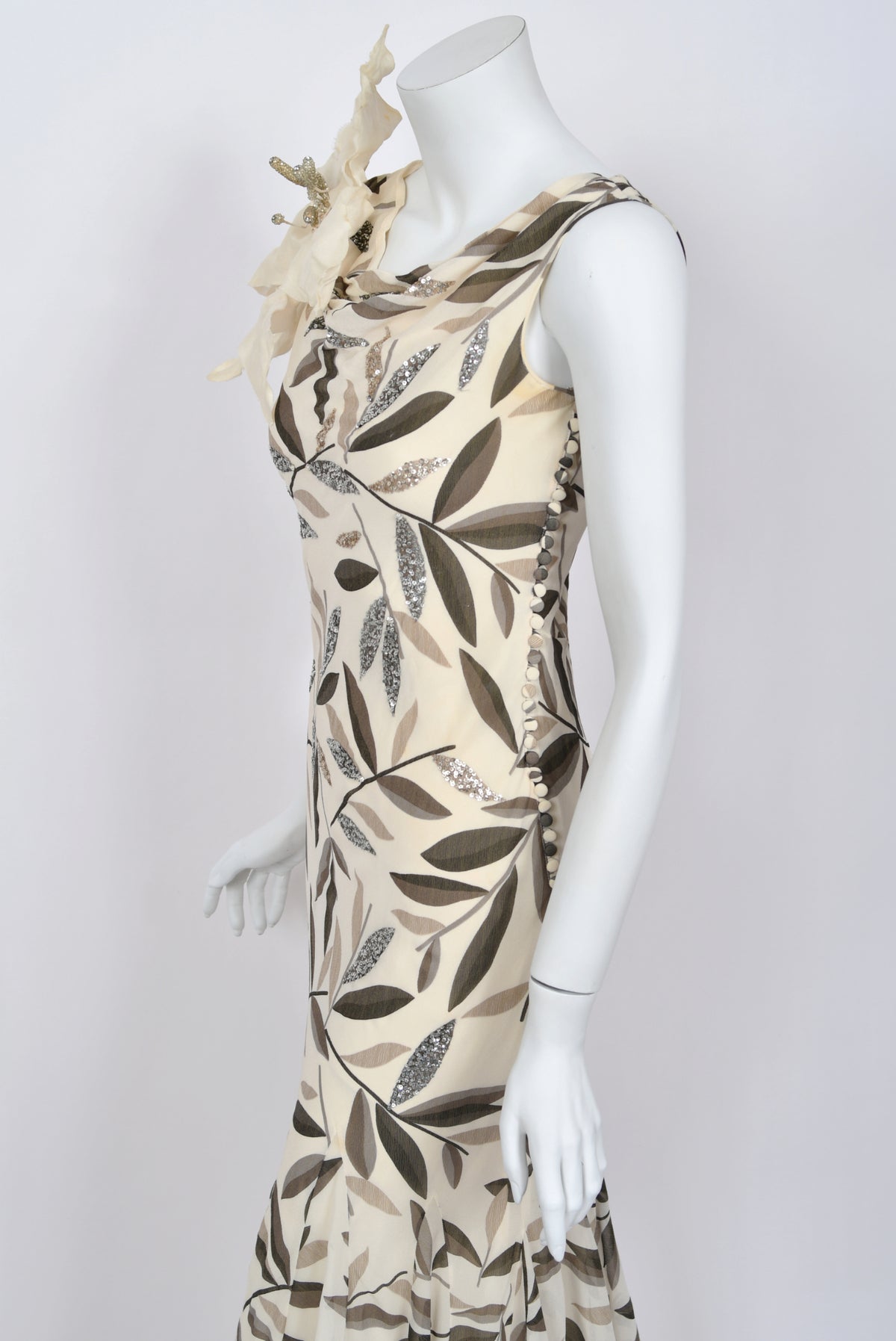 2008 Christian Dior by John Galliano Leaf Motif Sequin Silk Appliqué Bias-Cut Dress