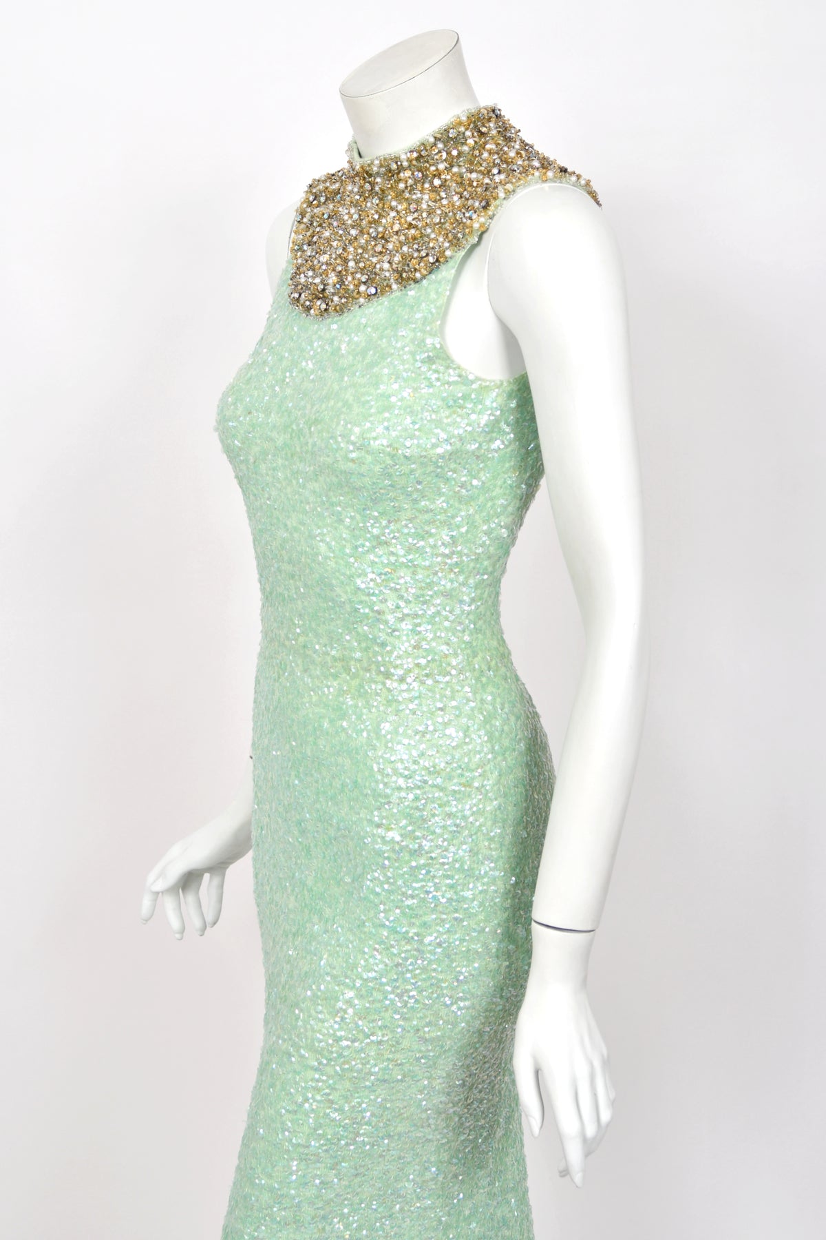 1960's Gene Shelly Seafoam Fully- Sequin Stretch Knit Beaded Collar Hourglass Gown