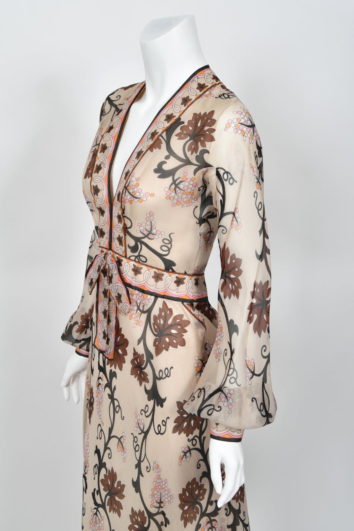 1972 Emilio Pucci Grapevine Motif Sheer Silk Organza Billow-Sleeve Maxi Dress