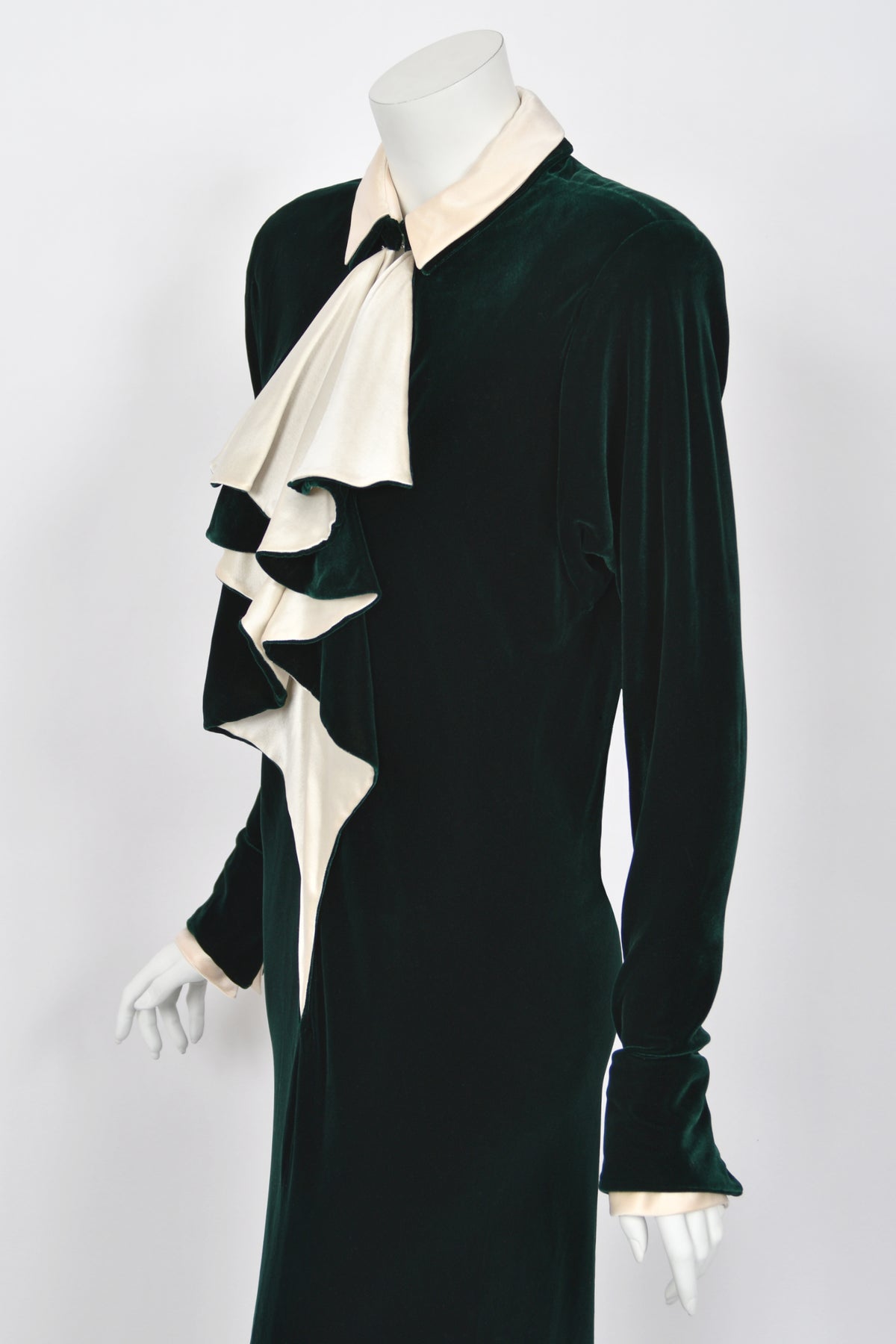 1978 Halston Couture Dark Green Velvet & Ivory Silk Ruffle Bodice Bias-Cut Gown