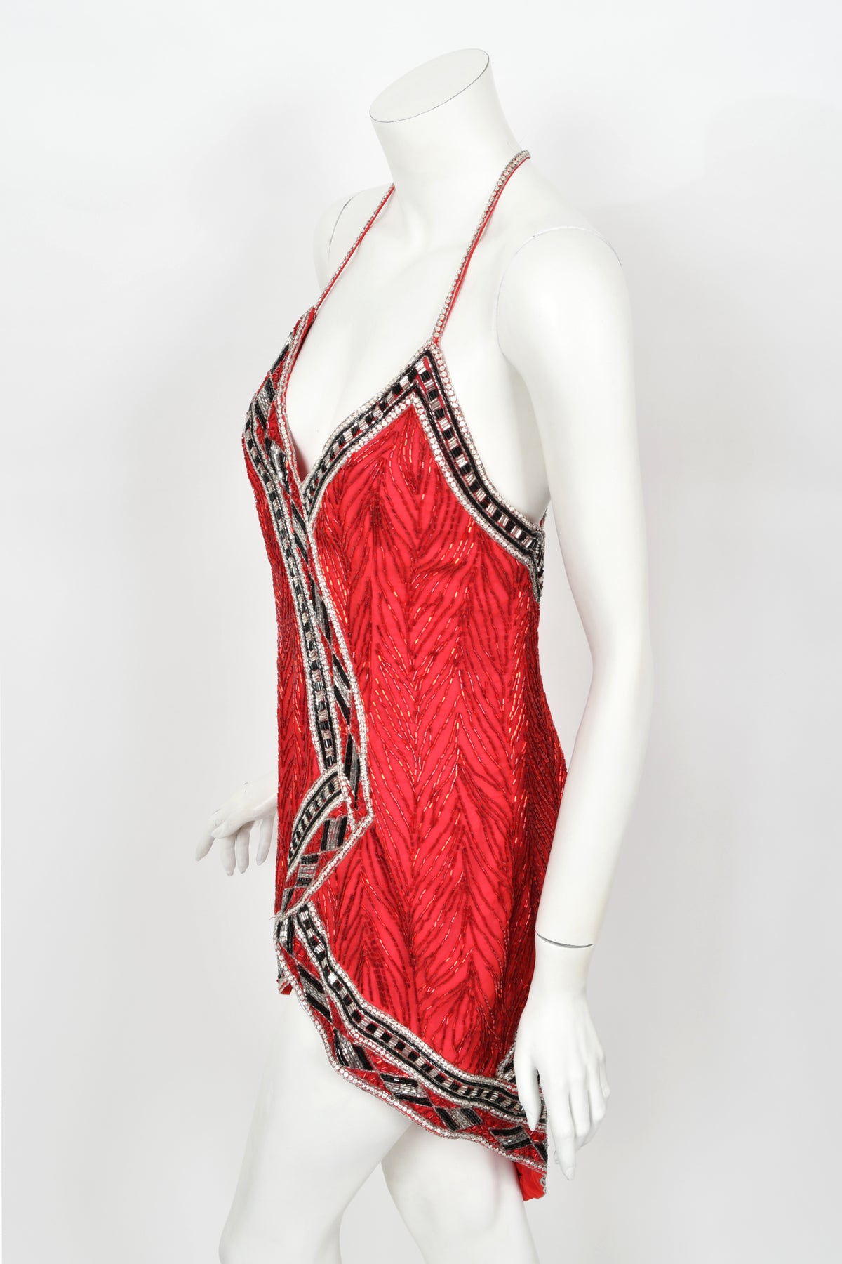 1984 Bob Mackie Documented Fully Beaded Red Silk High Low Micro-Mini Dress