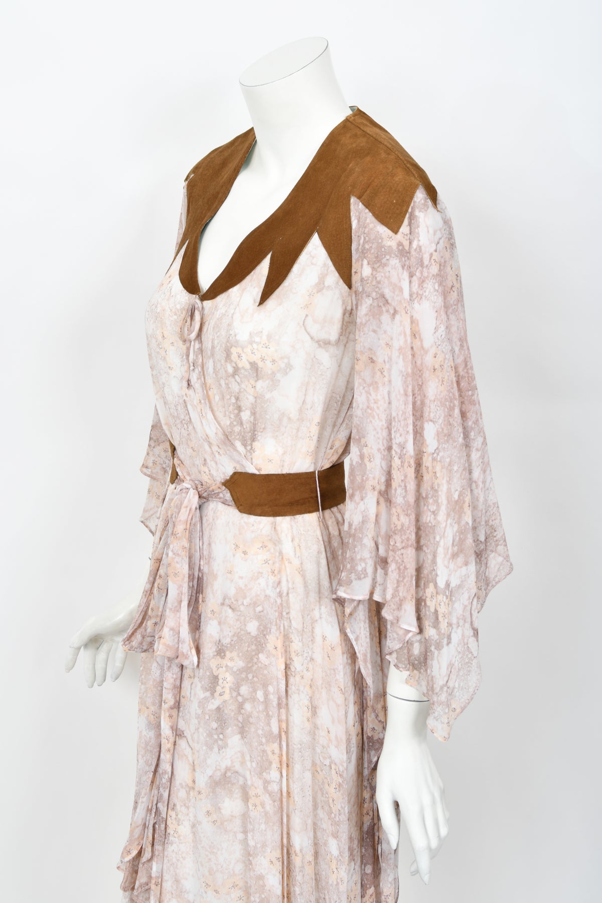 1971 Giorgio Sant&#39; Angelo Watercolor Chiffon &amp; Suede Angel-Sleeve Wrap Dress