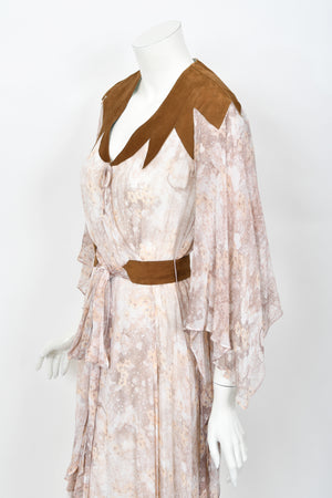 1971 Giorgio Sant' Angelo Watercolor Chiffon & Suede Angel-Sleeve Wrap Dress