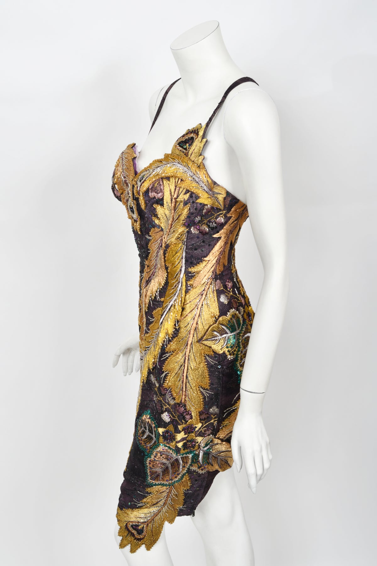 1970&#39;s Embroidered Peacock Motif Beaded Silk Couture Dance Dress