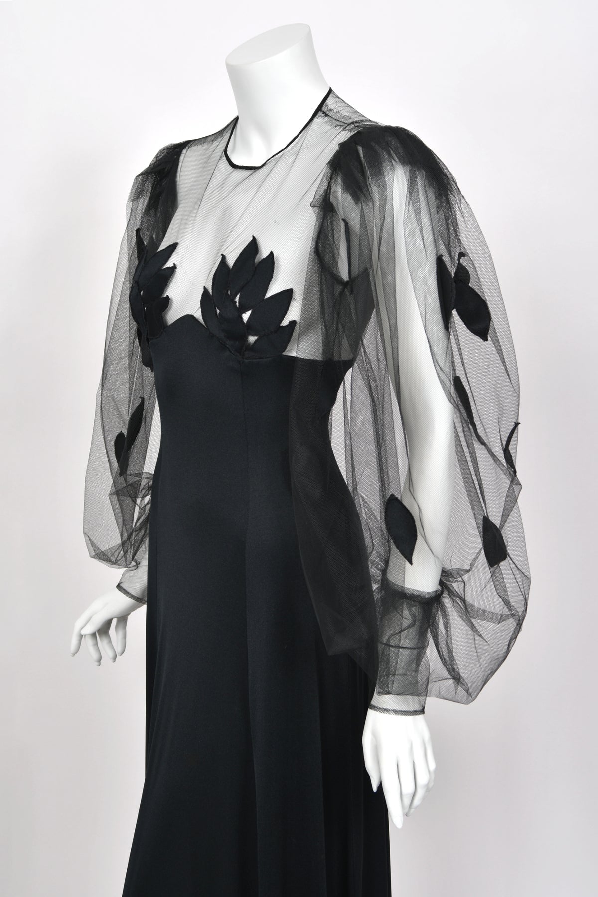 1979 Loris Azzaro Black Silk Jersey Sheer Illusion Petal Motif Billow-Sleeve Gown
