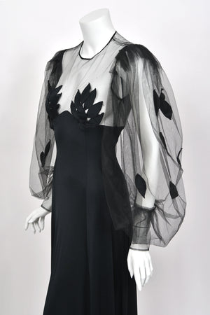 1979 Loris Azzaro Black Silk Jersey Sheer Illusion Petal Motif Billow-Sleeve Gown