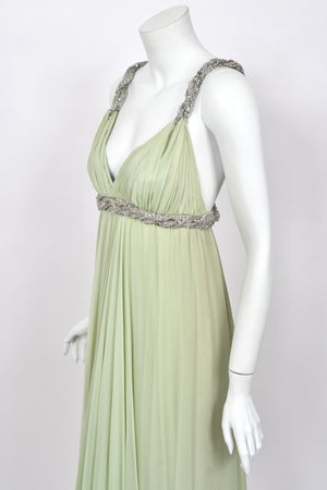 1965 Sarmi Couture Seafoam Green Jeweled Silk Chiffon Empire Plunge Grecian Gown