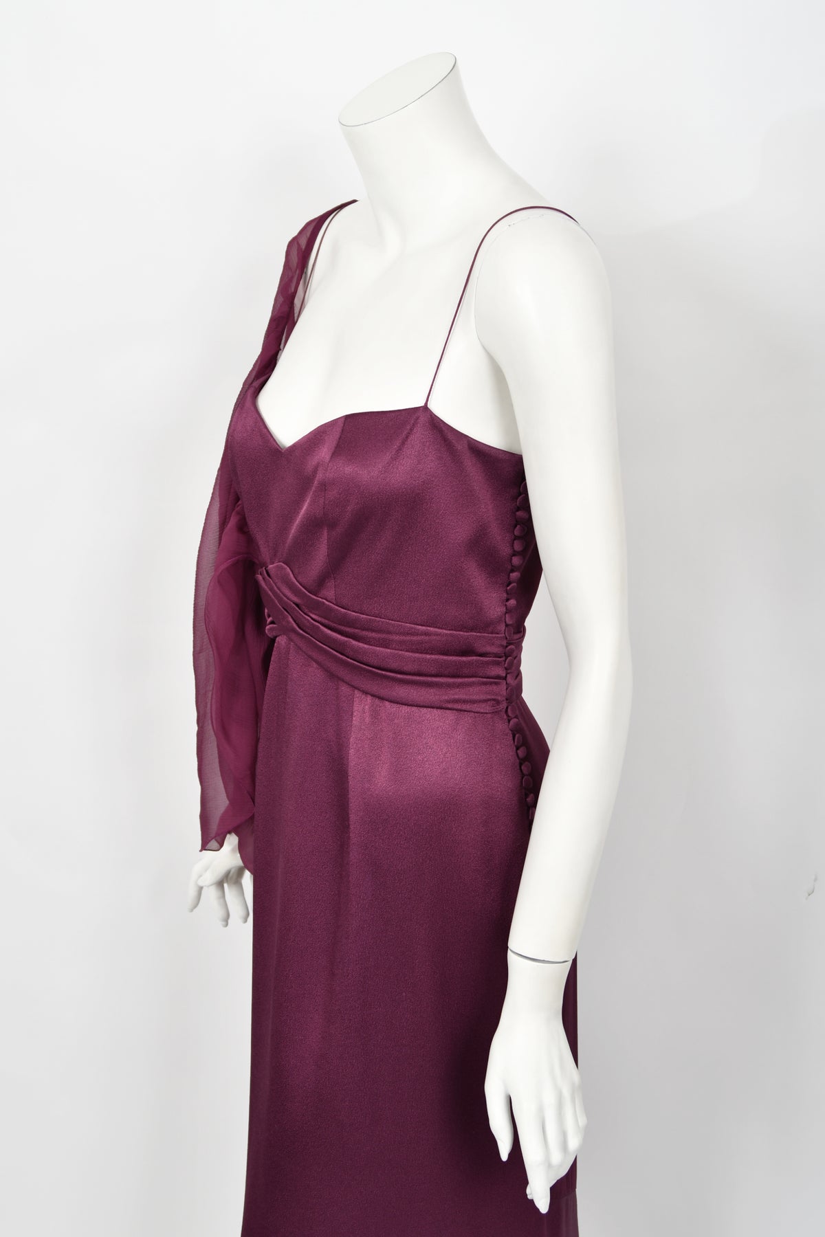 2000 Christian Dior by John Galliano Purple Silk Sheer-Sleeve Asymmetric Draped Gown