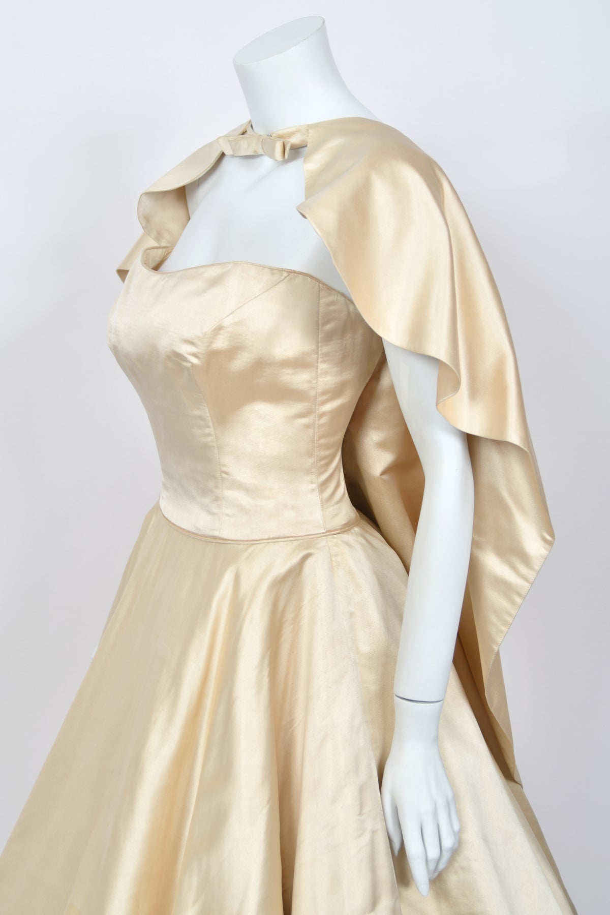 1950's Don Loper Couture Ivory Silk Satin Strapless Full-Skirted Dress w/ Detachable Cape
