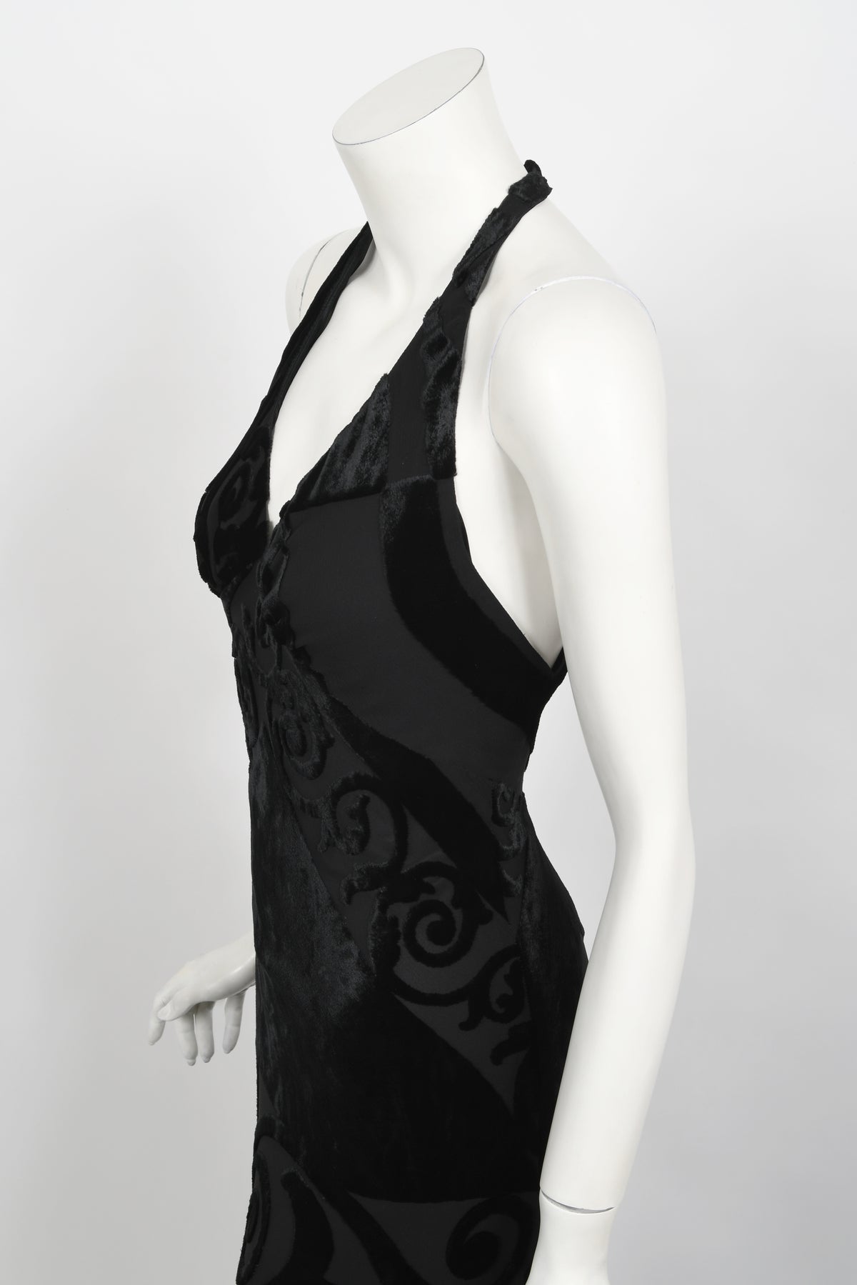 1997 Galindo Couture Black Devoré Velvet Bias-Cut Halter Trained Gown