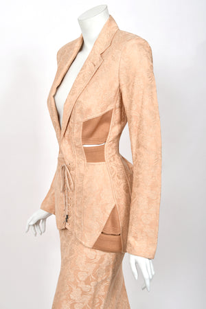 2004 Jean Paul Gaultier Runway Embroidered Blush Pink Corset Jacket & Matching Skirt