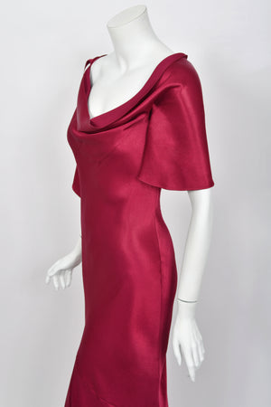 1999 John Galliano Maori Collection Wine Red Asymmetric High Slit Bias-Cut Gown